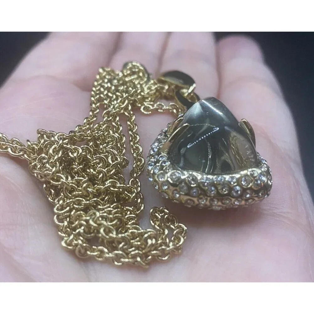 Signed Alexis Bittar Necklace Smoky Mirrored Crystal Teardrop Pendant 32" Gold - Picture 8 of 11
